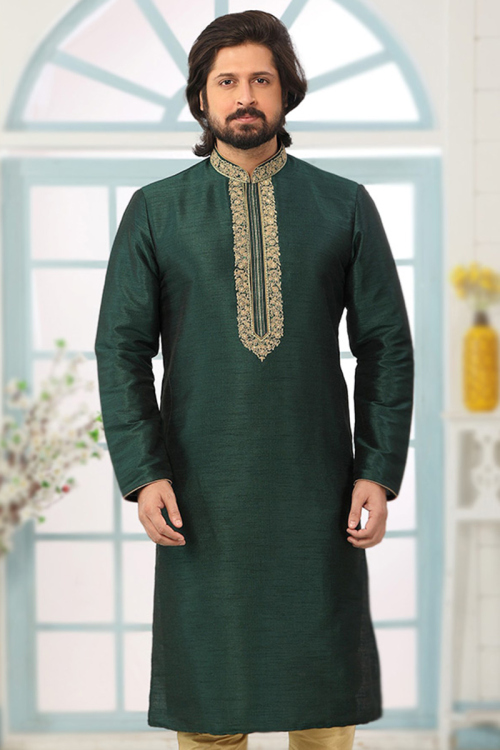 Dupion Silk Peacock Green Men's Kurta with Resham Work 