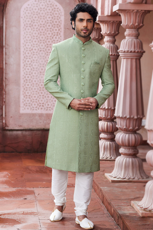 Dupion Silk Pistachio Green Embroidered Achkan Style Men's Sherwani 