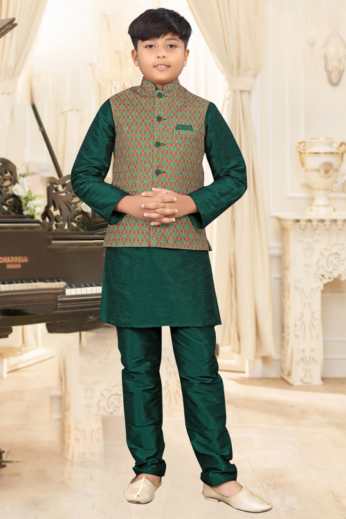 Dupion Silk Plain Bottle Green Jacket Style Boy's Kurta Pajama 