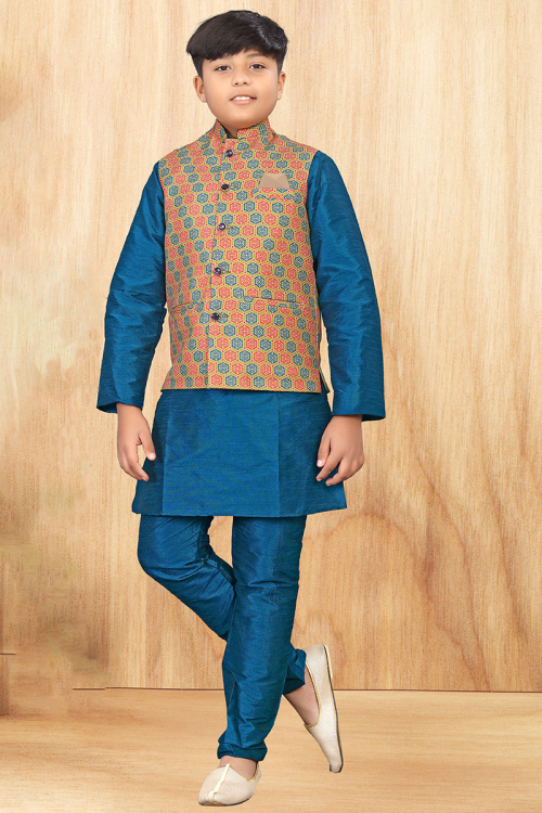 Dupion Silk Sea Blue Plain Jacket Style Boy's Kurta Pajama 