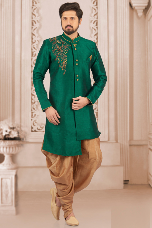 Dupion Silk Stone Embellished Peacock Green Men's Sherwani 