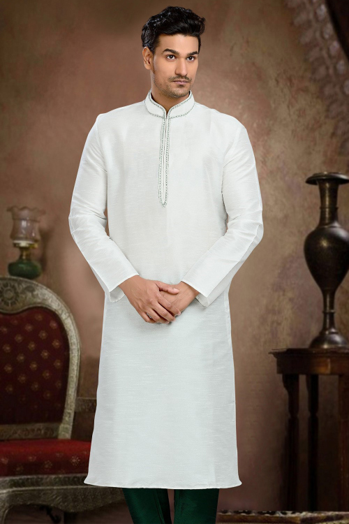 Dupion Silk Straight Cut White Men’s Kurta With Zari Work