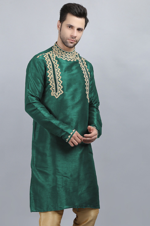 Dupion Silk Teal Green Dori Embroidered Men's Kurta