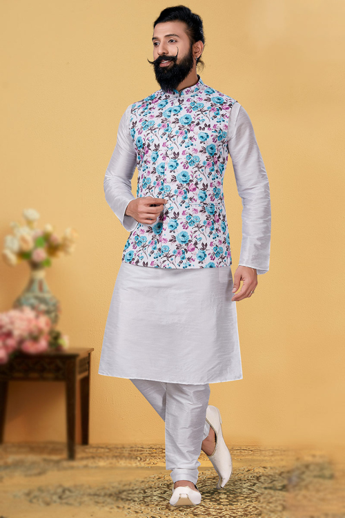 Dupion Silk White Men's Kurta With Printed Jacket