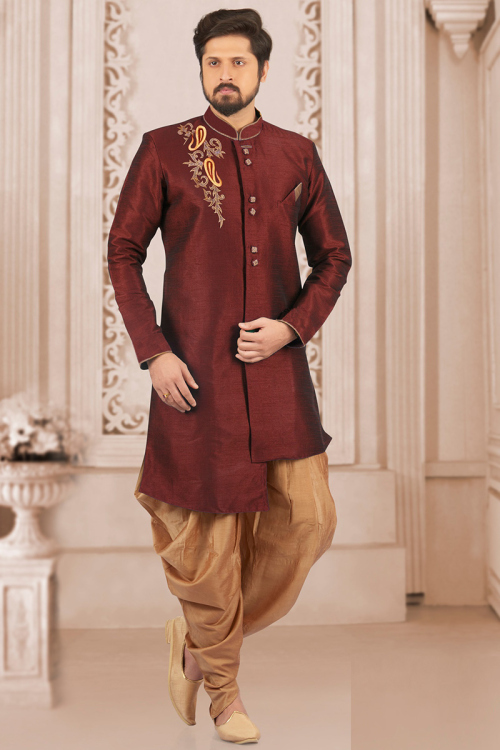 Dupion Silk Wine Maroon Zari Embroidered Men's Sherwani 