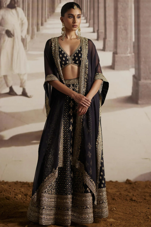 Dupion Silk Zari Embroidered Black Panelled Style Lehenga