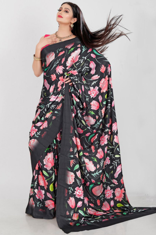 Dusty Black Satin Printed Saree