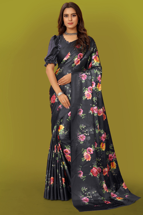 Party Wear Printed Dusty Black Saree in Satin