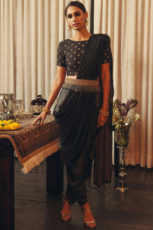 Dusty Black Velvet Plain Dhoti Pant Style Saree
