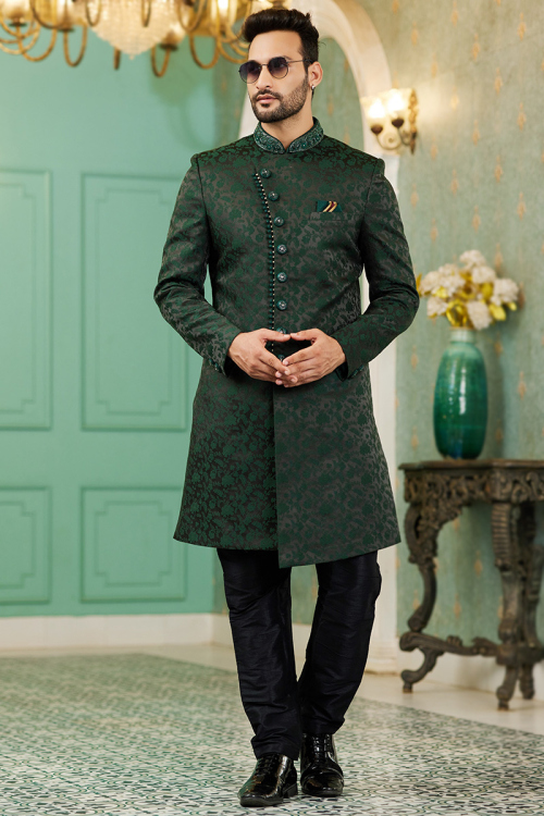 Dusty Black Weaved Thread Jacquard Asymmetrical Style Men's Sherwani 