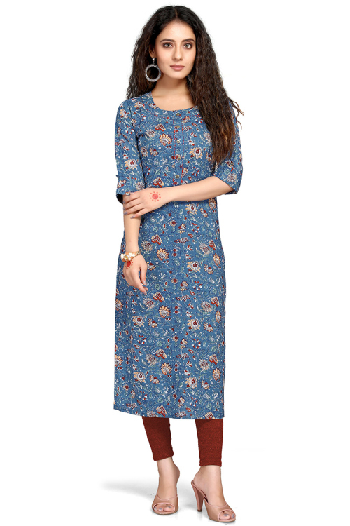 Dusty Blue Cotton Straight Cut Kurti