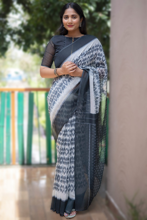 Linen Saree with Printed in Dusty Blue for Party 