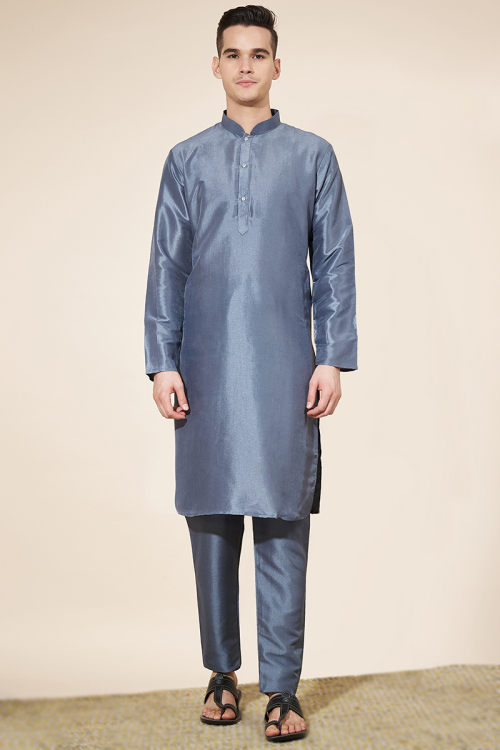 Dusty Blue Silk Plain Straight Cut Men's Kurta Pajama