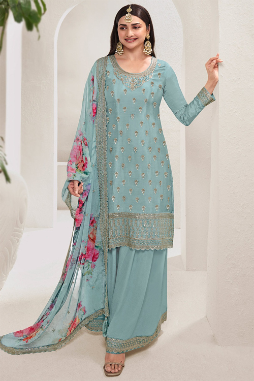 Powder Blue Zari Embroidered Chinnon Palazzo Suit For Sangeet 