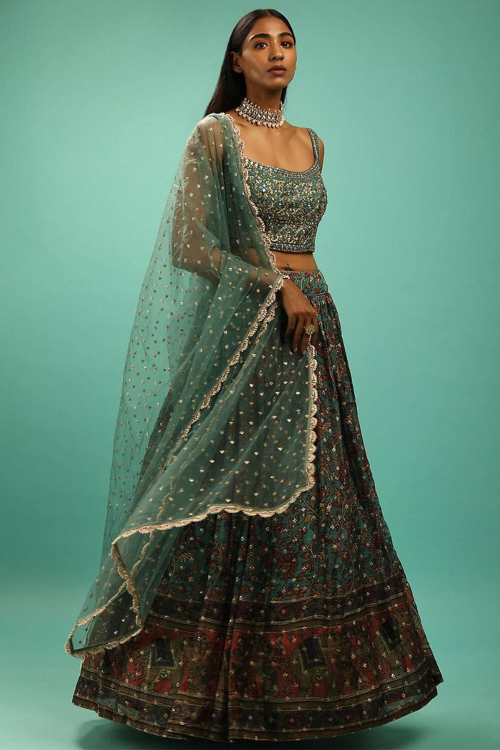 Dusty Green Art Silk Printed A Line Lehenga For Mehndi