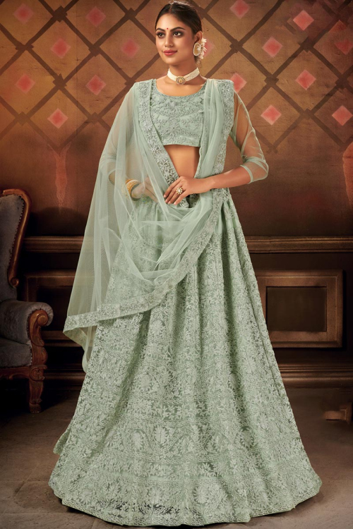 Dusty Green Net Embroidered Lehenga for Women