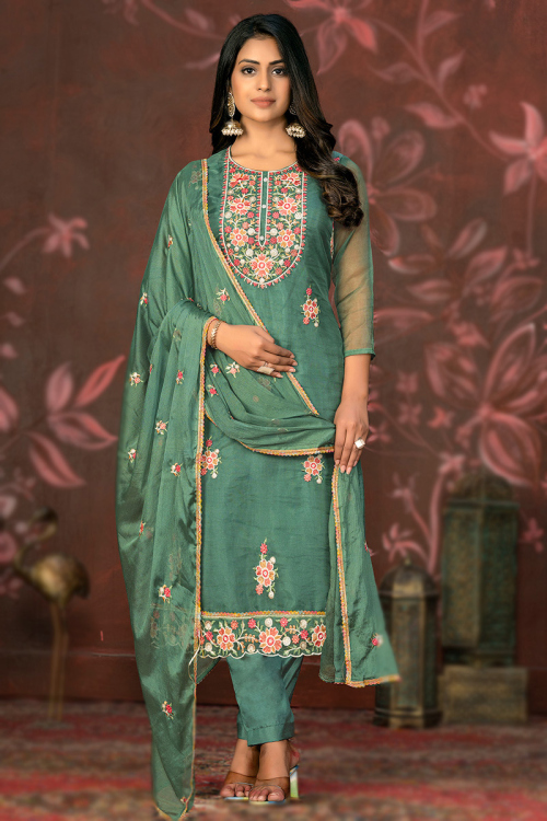 Dusty Green Organza Embroidered Straight Cut Trouser Suit