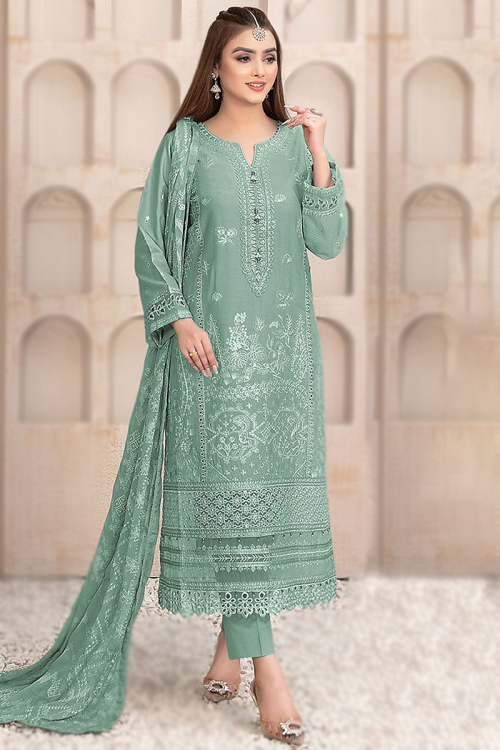 Dusty Green Organza Embroidered Straight Cut Trouser Suit