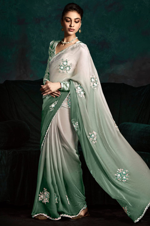 Dusty Green Organza Saree with Printed Work for Diwali Wear