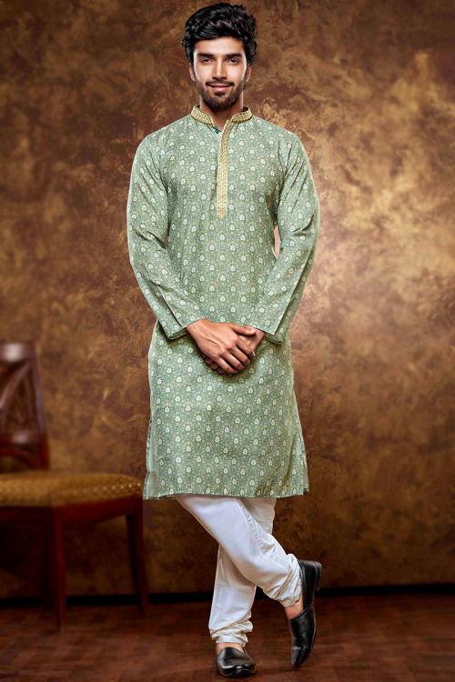 Dusty Green Poly Cotton Printed Straight Cut Men's Kurta Churidar 