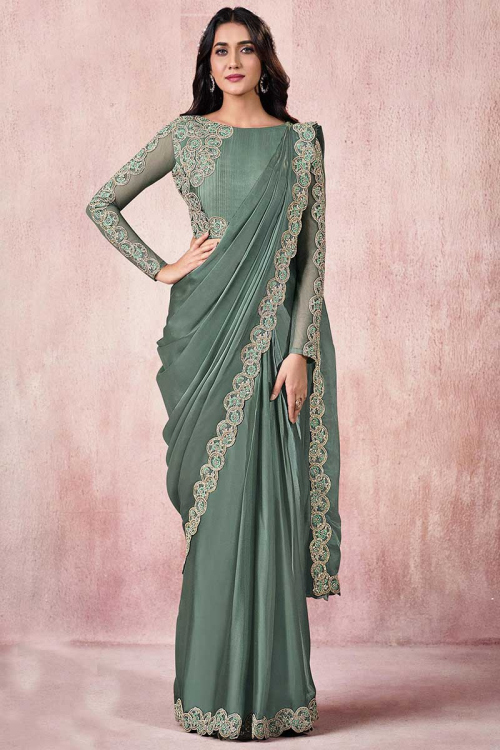 Dusty Green Silk Plain Party Wear Saree