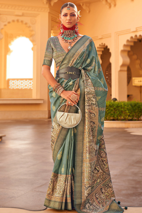 Dusty Green Silk Printed Light Weight Saree for Festive Wear