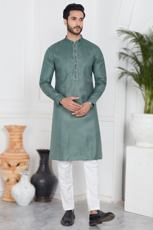 Dusty Green Straight Cut Cotton Casual Wear Men's Kurta Pajama 