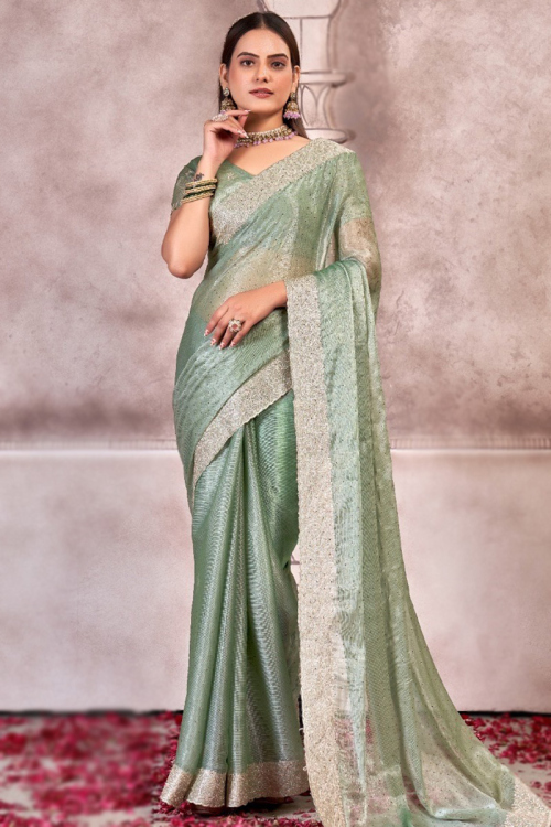 Dusty Green Zari Embroidered Chiffon Shimmer Saree