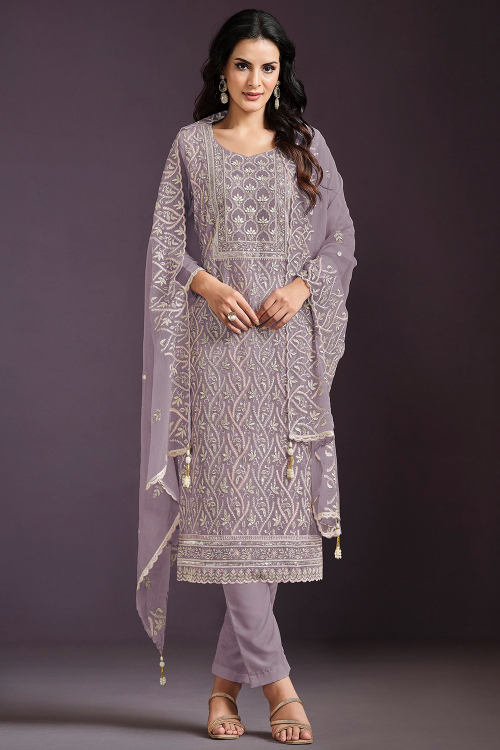 Dusty Mauve Chinnon Embroidered Straight Cut Trouser Suit