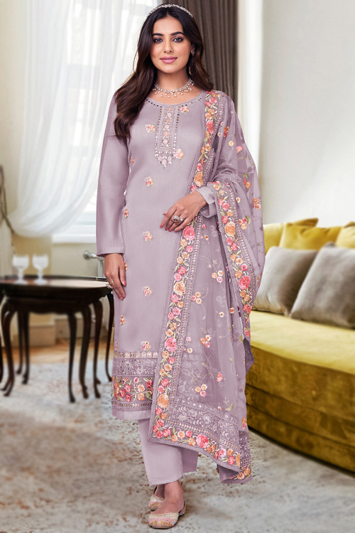 Dusty Mauve Embroiderd Silk Straight Cut Trouser Suit