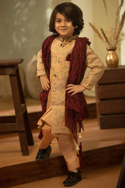 Dusty Peach Cotton Boy's Jacket Style Kurta Pajama