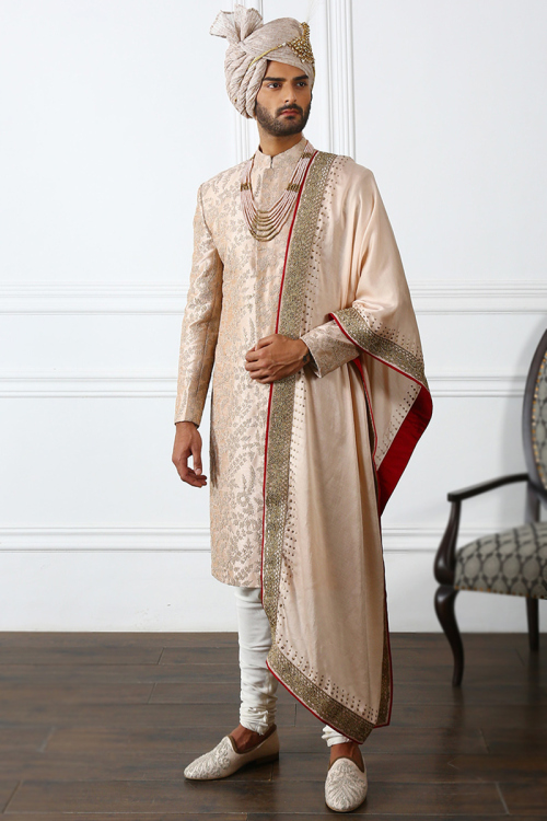 Dusty Peach Modal Satin Embroidered Men's Sherwani
