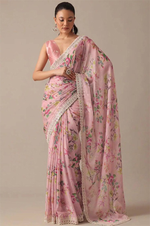 Dusty Pink Georgette Floral Print Saree For Sangeet 