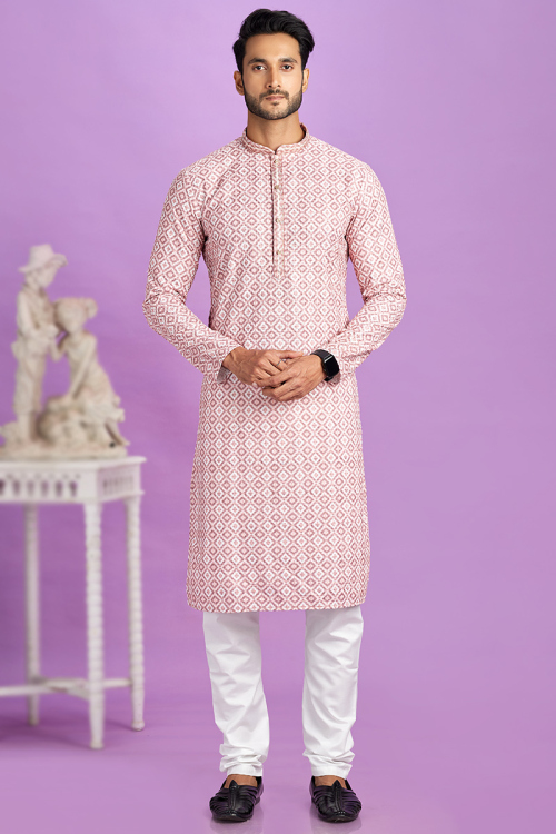 Dusty Pink Cotton Printed Straight Cut Men's Kurta With Churidar 