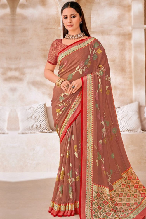 Dusty Pink Georgette Saree With Weaved For Festival