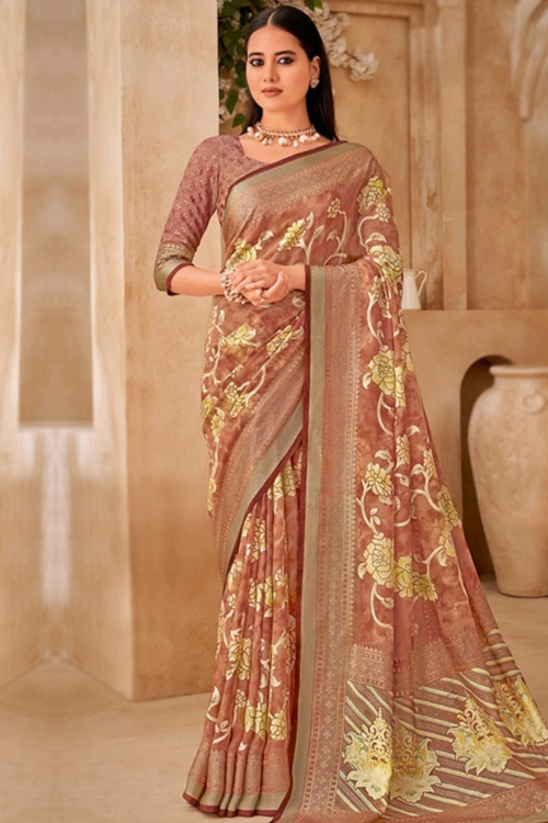 Dusty Pink Georgette Saree With Weaved For Festival