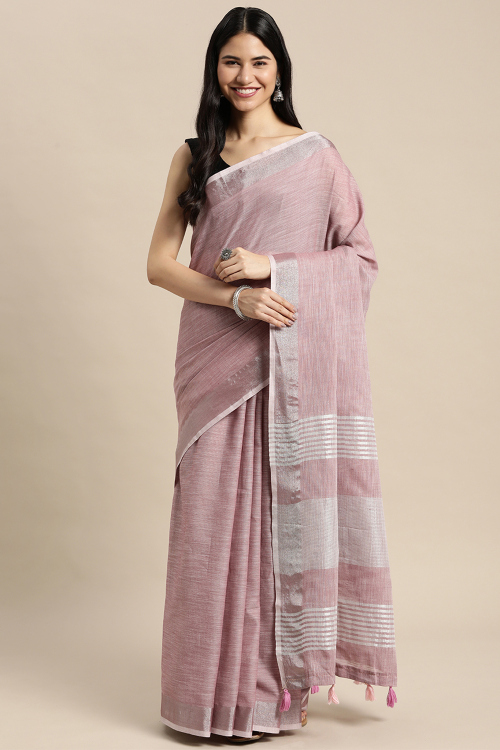 Dusty Pink Linen Saree with Woven Zari Work for New Year