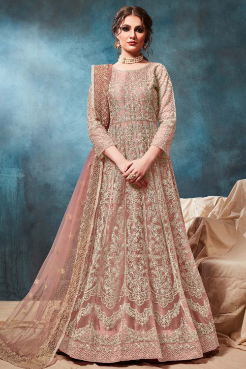 Dusty Pink Net Indian Anarkali Salwar Kameez With Dori Work