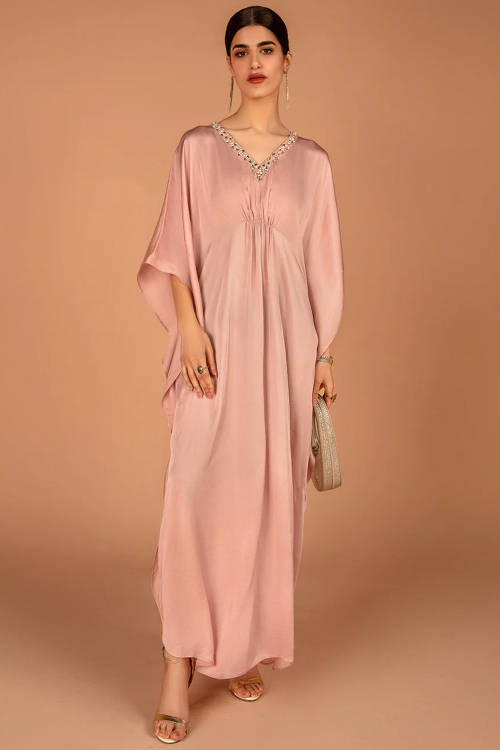 Dusty Pink Silk Kaftan with Zari Work for Wedding Party