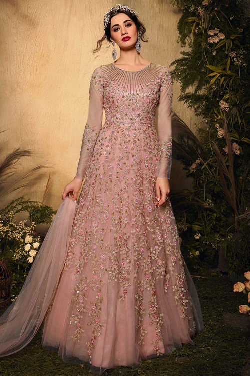 Dusty Pink Zari Embroidered Anarkali Suit for Wedding & Party
