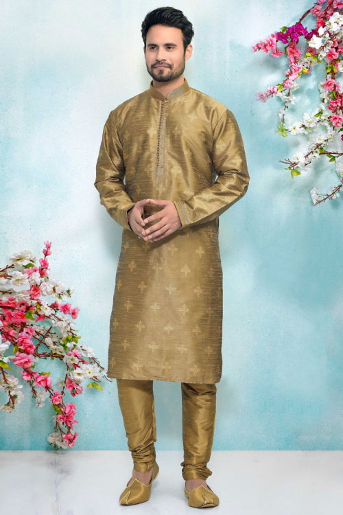 Wedding Special Jacquard Kurta In Olive Green With Churidar