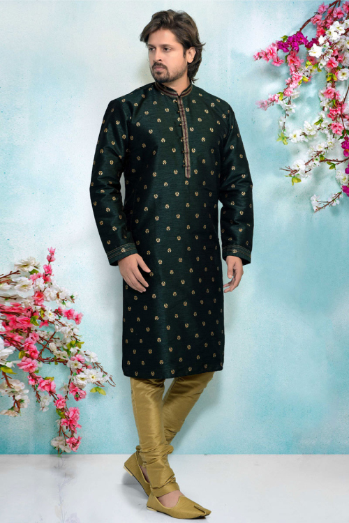 Wedding Special Men's Kurta In Dark Green With Churidar