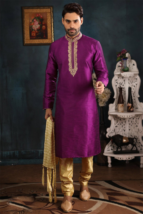 Wedding Special Men Kurta In Dark Magenta With Churidar
