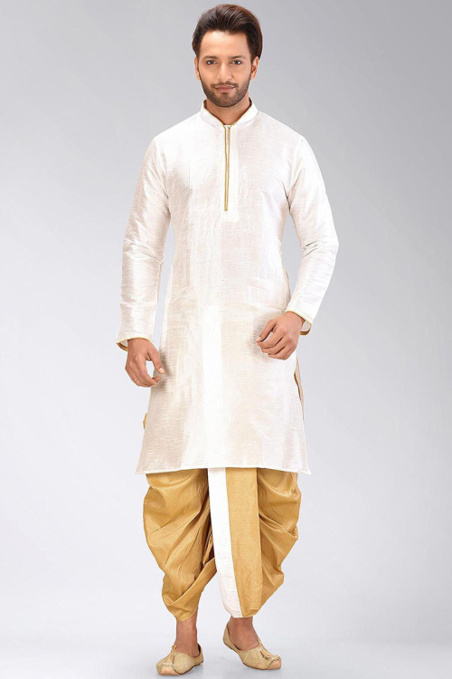 Wedding Special Men Ivory Kurta With Beige Dhoti