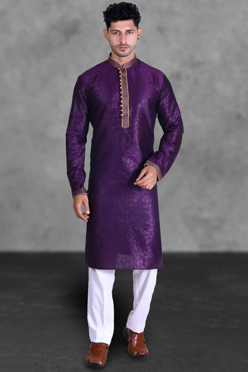 Wedding Special Men Purple Kurta With White Pajama