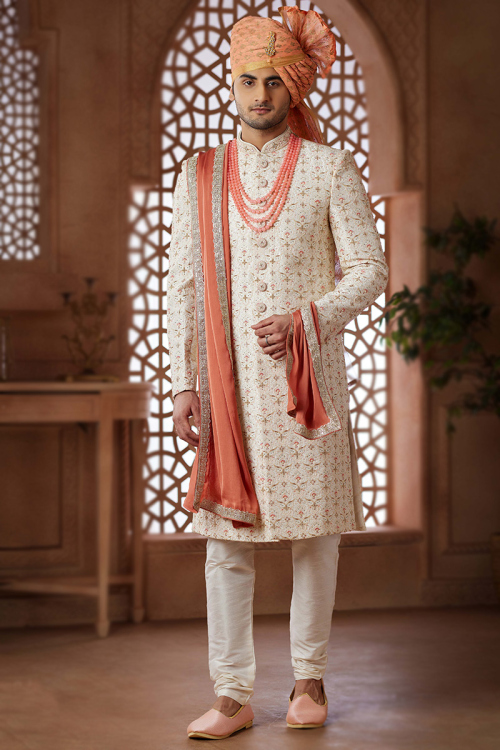 Embroidered Art Silk Off White Straight Cut Men's Sherwani