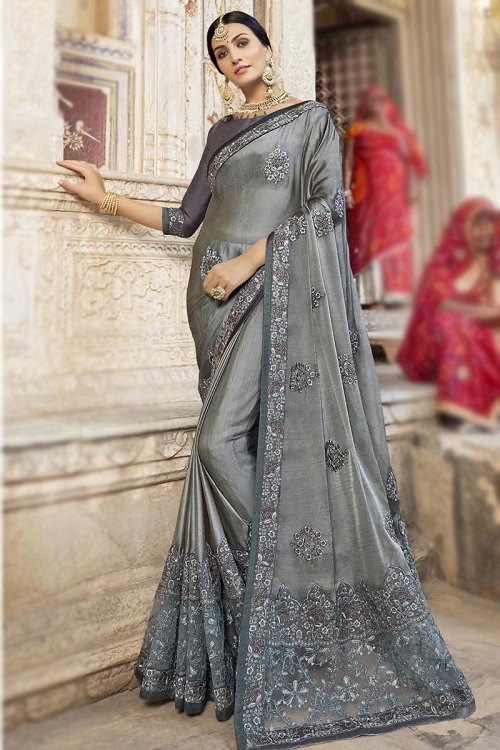 Embroidered Art Silk Steel Grey Saree