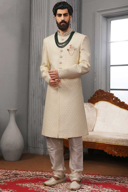 Cream Straight Cut Banarasi Silk Men Sherwani for Wedding 