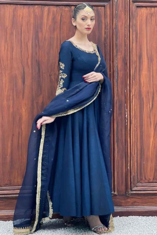 Embroidered Bangalori Silk Dark Blue Party Wear Pakistani Anarkali Salwar Suit