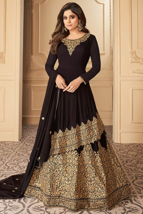 Dark Coffee Georgette Anarkali with Lehenga & Zari Stone Work